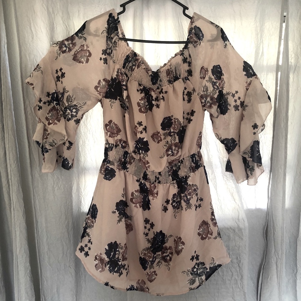 Floral Bell Sleeves Elastic Waist Short Dress